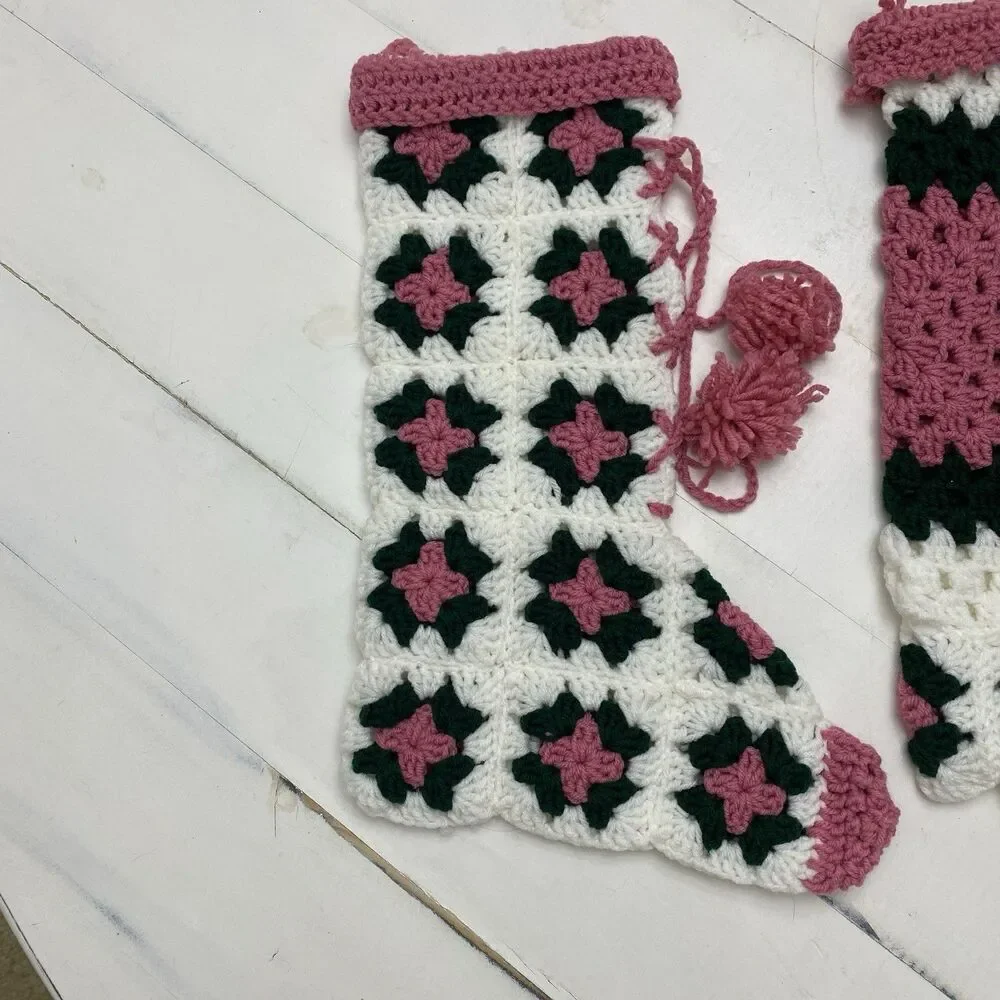 Vtg Handmade Lot of 3 Crochet Granny Square Christmas Stockings Green Pink White